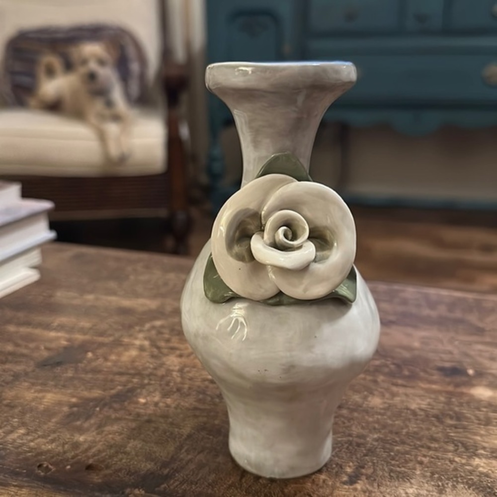 Vintage 2003 Studio B China 6" Gray White Washed Vase With White Applied Flower